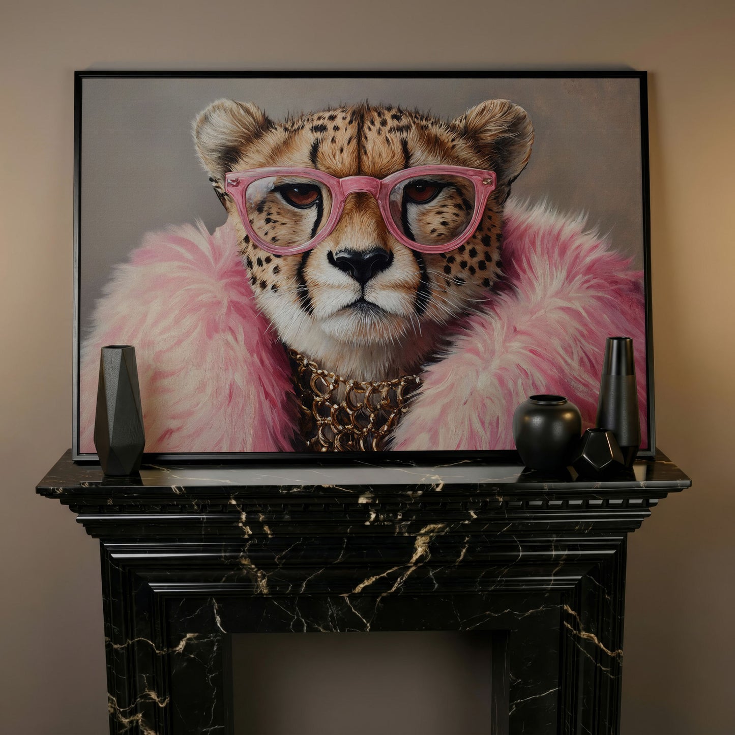 Cheetah in Pink Glasses Canvas Print in black floating frame