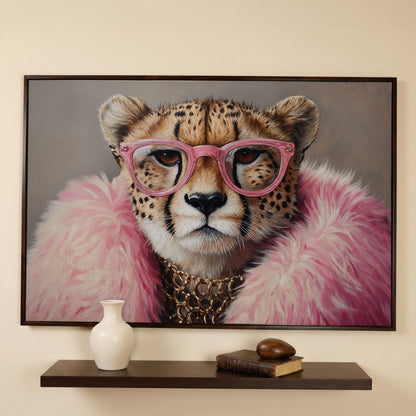 Cheetah in Pink Glasses Canvas Print in dark walnut floating frame