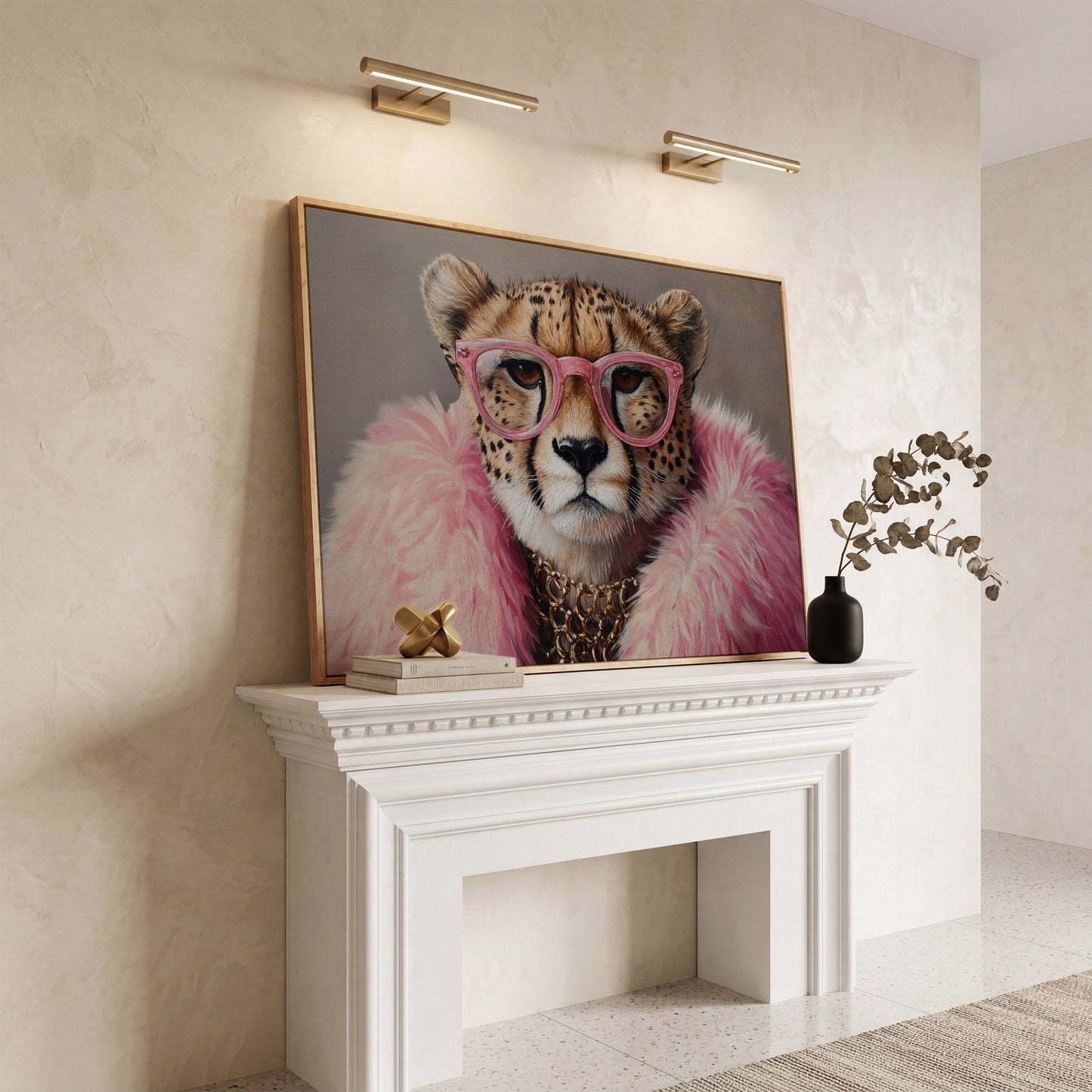 Cheetah in Pink Glasses Canvas Print in white oak floating frame