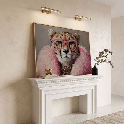 Cheetah in Pink Glasses Canvas Print in white oak floating frame