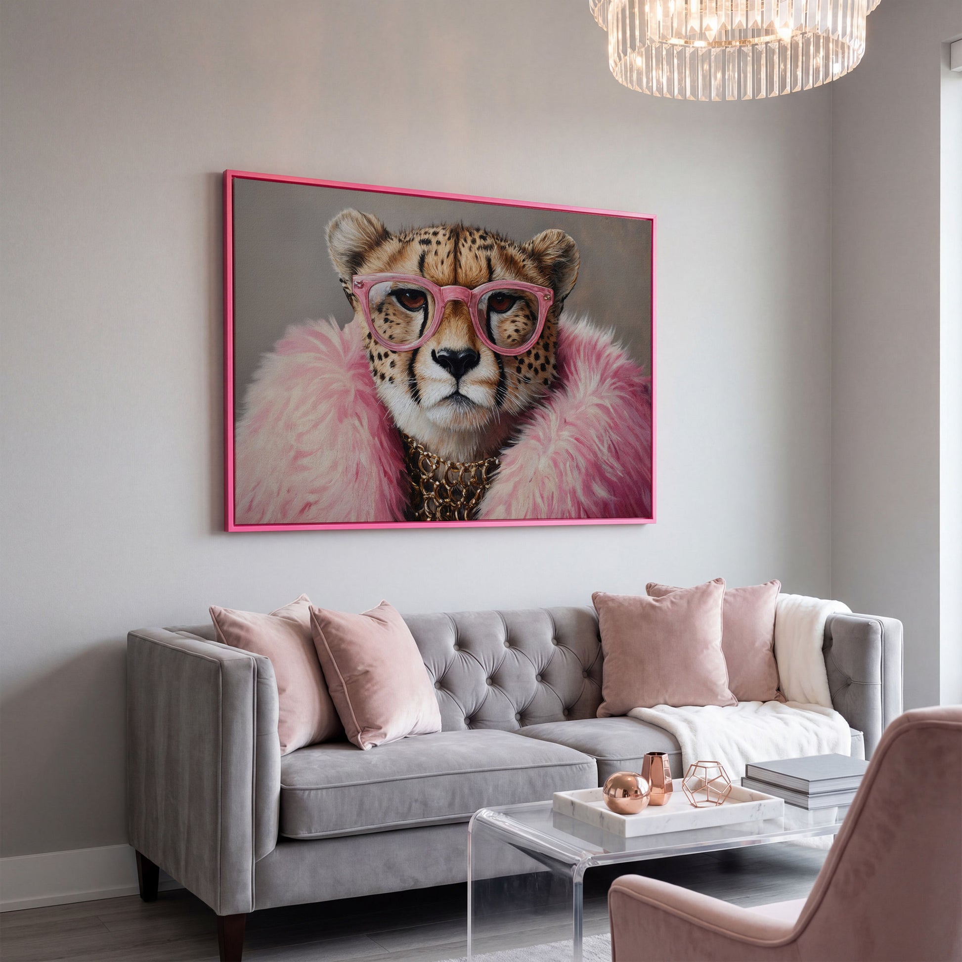 Cheetah in Pink Glasses Canvas Print in pink floating frame
