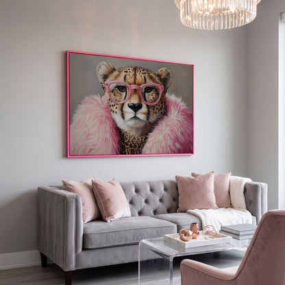 Cheetah in Pink Glasses Canvas Print in pink floating frame