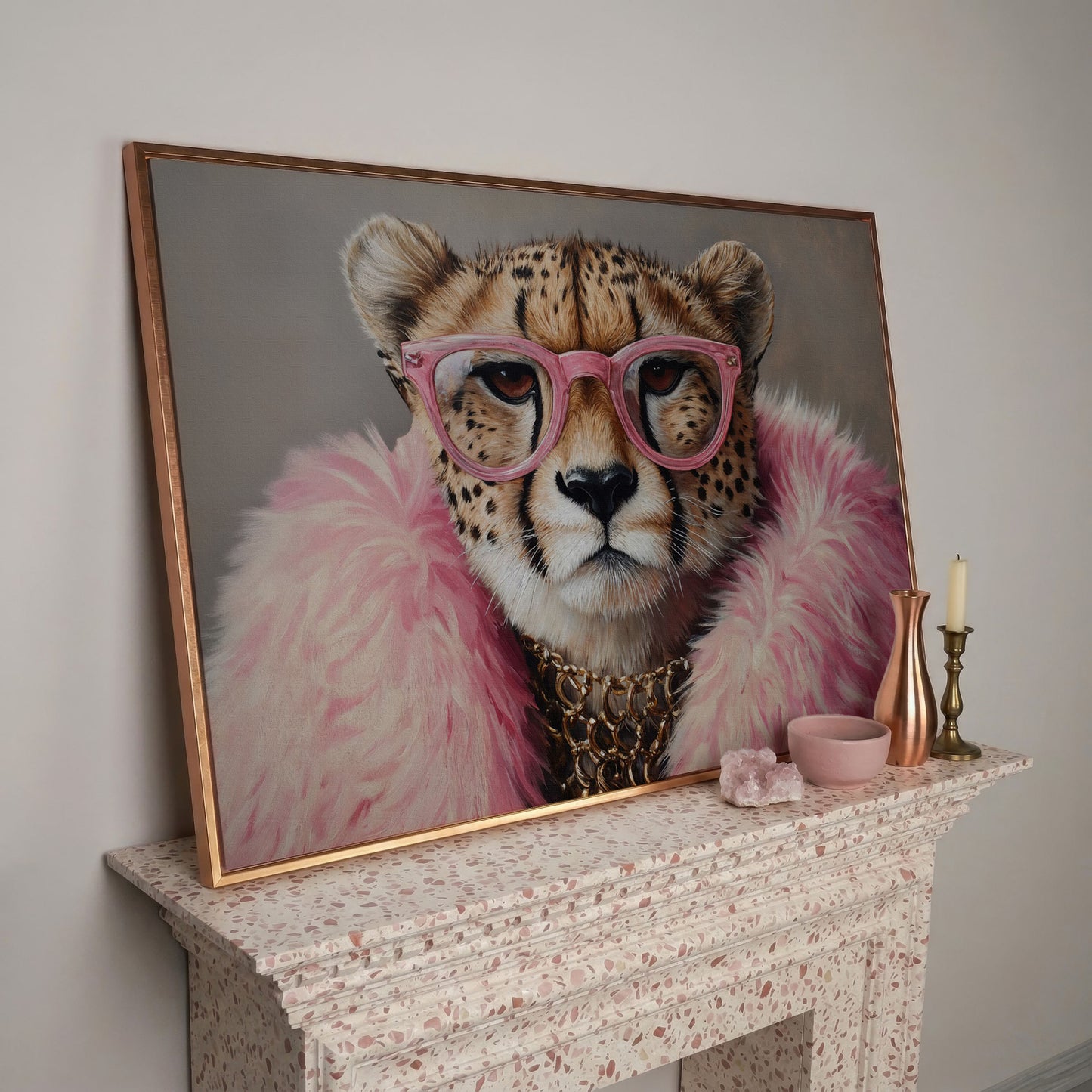 Cheetah in Pink Glasses Canvas Print in rose gold floating frame
