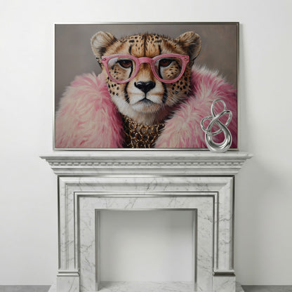 Cheetah in Pink Glasses Canvas Print in silver floating frame