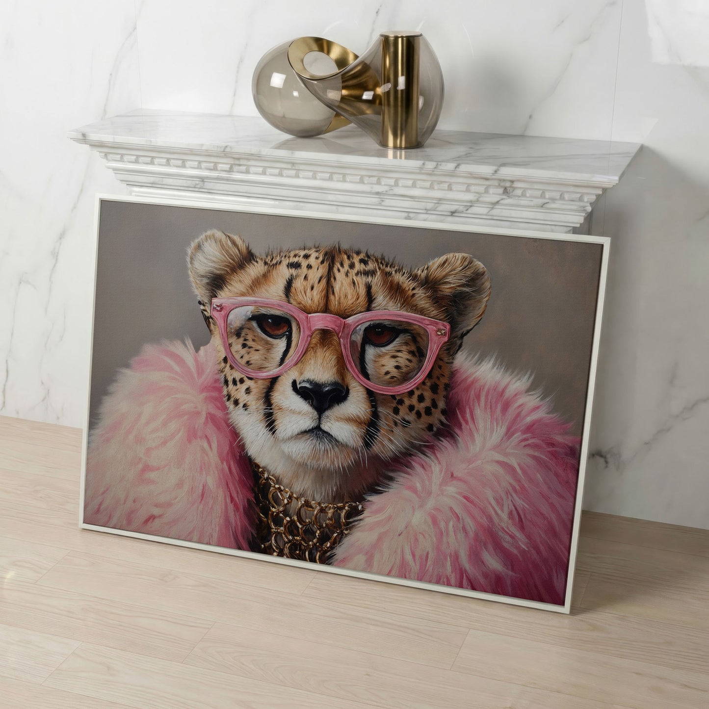 Cheetah in Pink Glasses Canvas Print in white floating frame