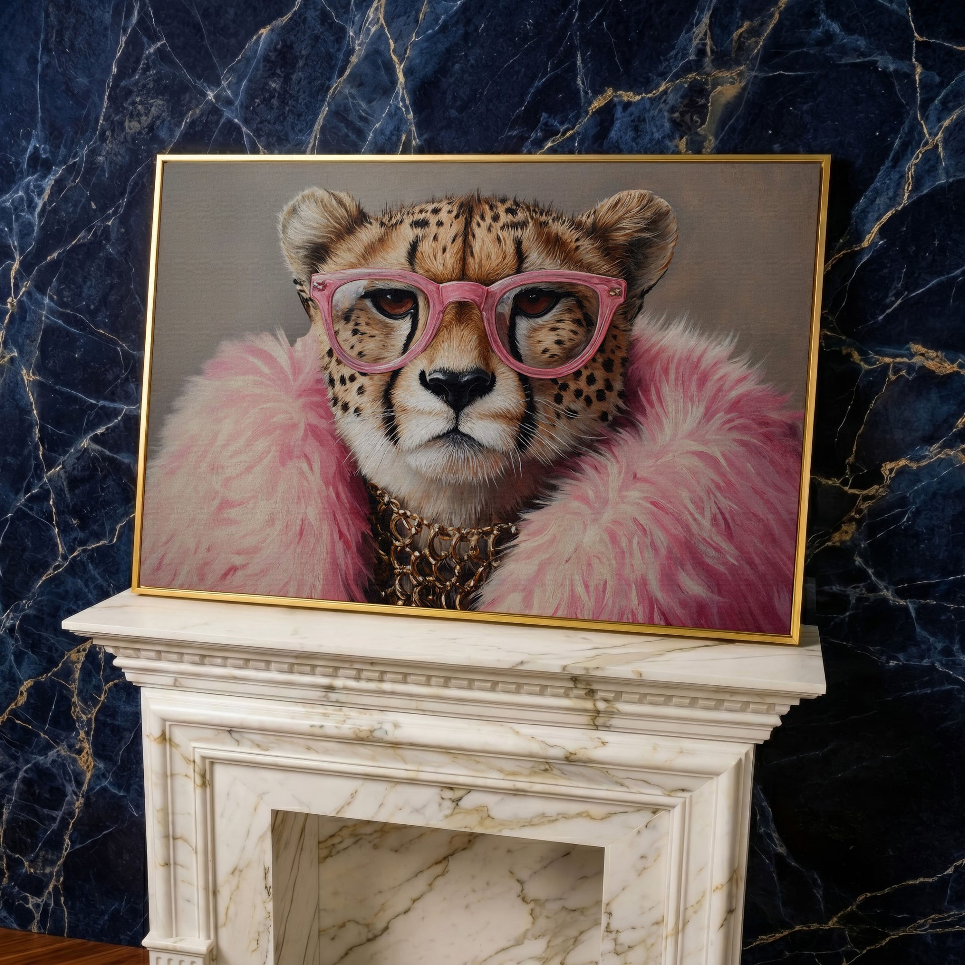 Cheetah in Pink Glasses Canvas Print in yellow gold floating frame