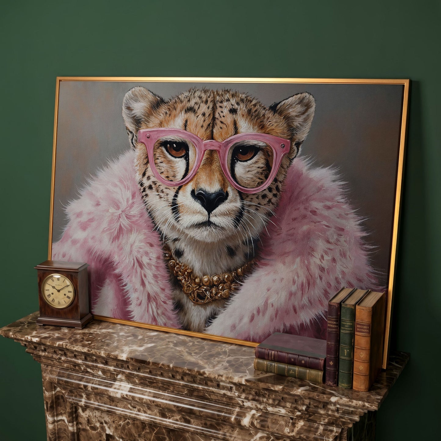 Cheetah in Pink Fur with Gold Necklace Canvas Print in antique gold floating frame