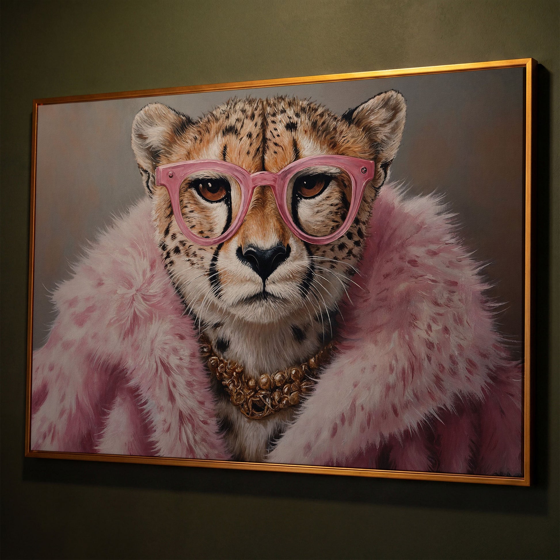 Cheetah in Pink Fur with Gold Necklace Canvas Print shown in antique gold floating frame
