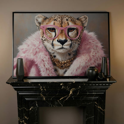 Cheetah in Pink Fur with Gold Necklace Canvas Print in black floating frame