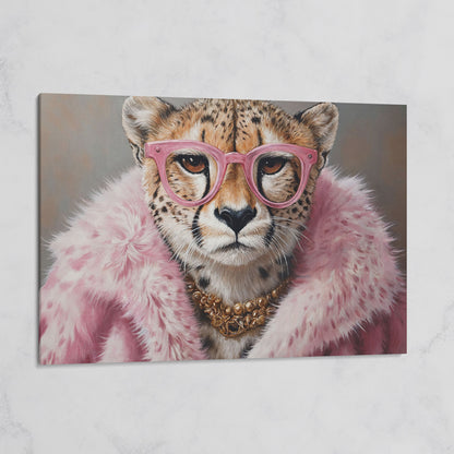 Cheetah in Pink Fur with Gold Necklace Canvas Print on gallery wrap