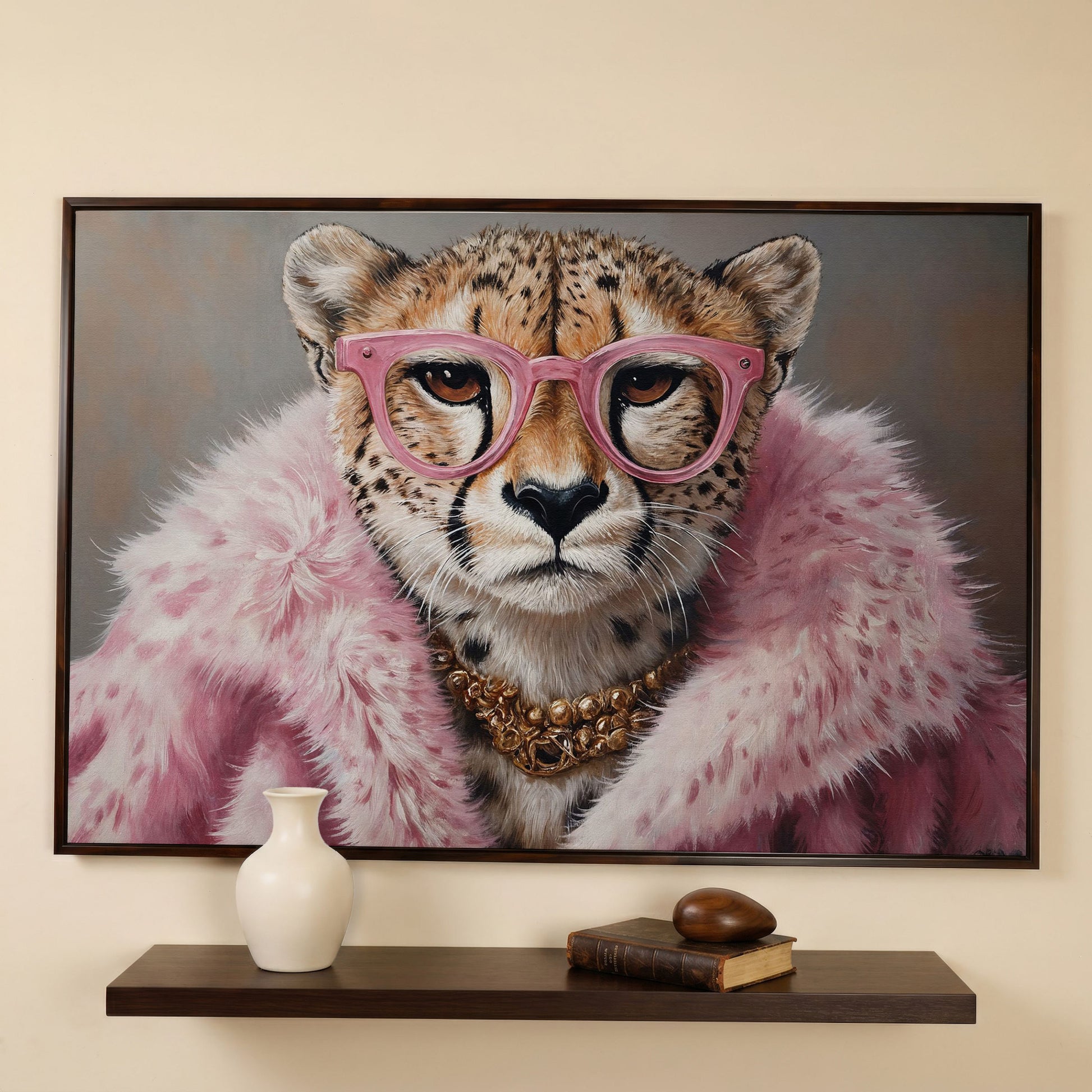 Cheetah in Pink Fur with Gold Necklace Canvas Print in dark walnut floating frame