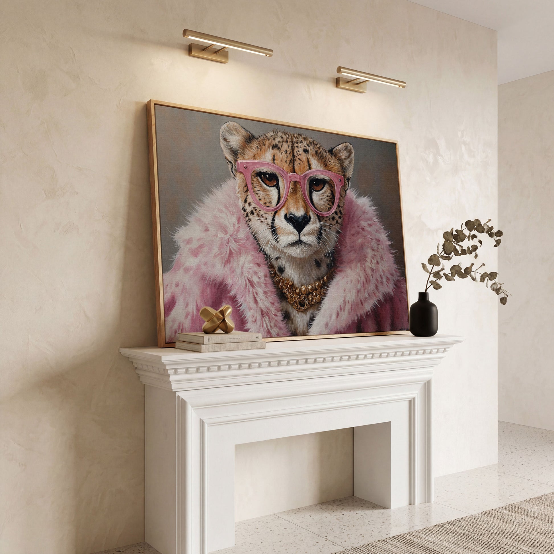 Cheetah in Pink Fur with Gold Necklace Canvas Print in white oak floating frame