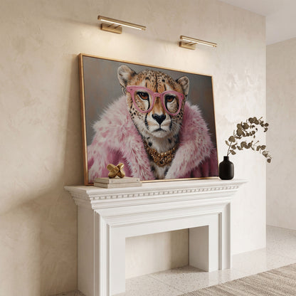 Cheetah in Pink Fur with Gold Necklace Canvas Print in white oak floating frame