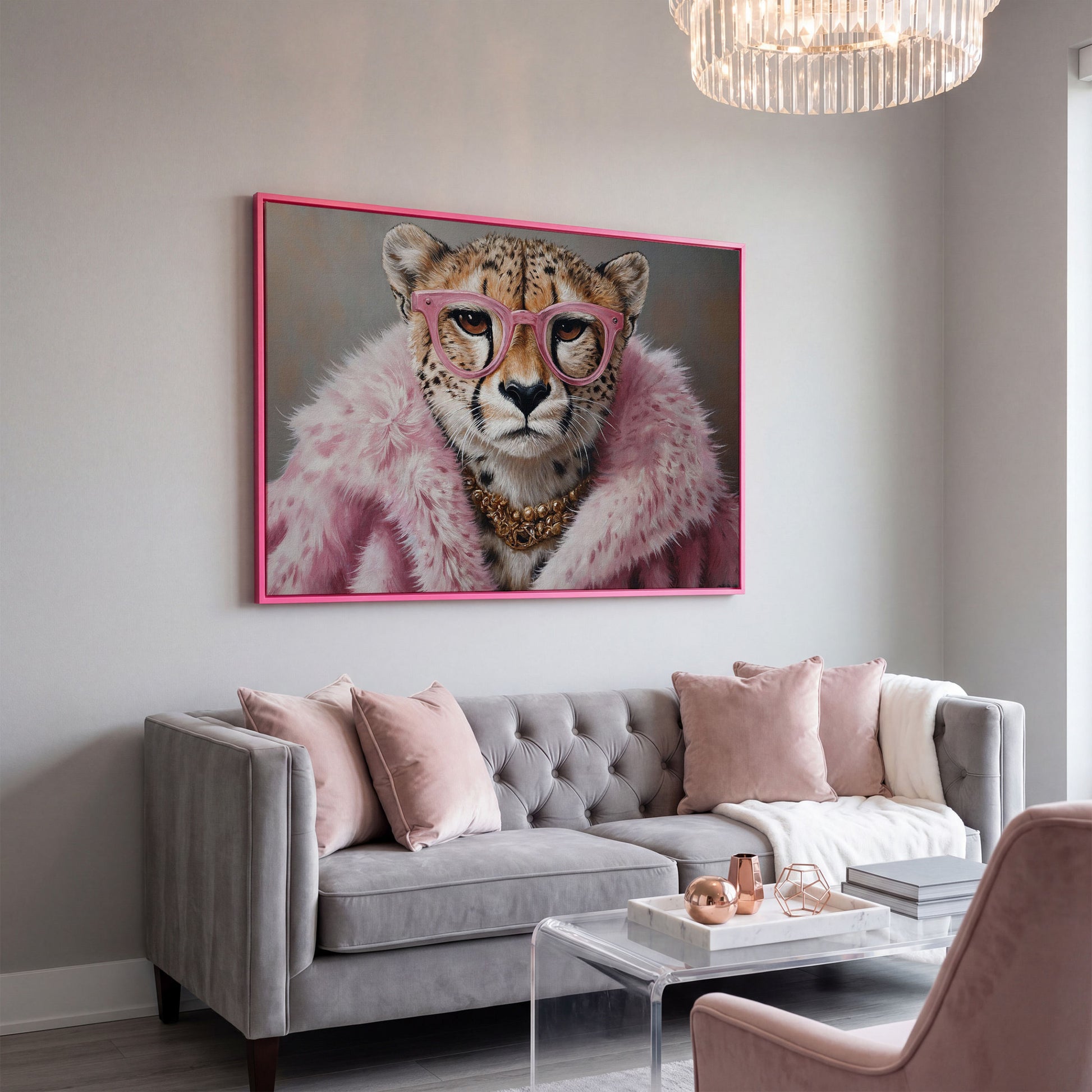 Cheetah in Pink Fur with Gold Necklace Canvas Print in pink floating frame