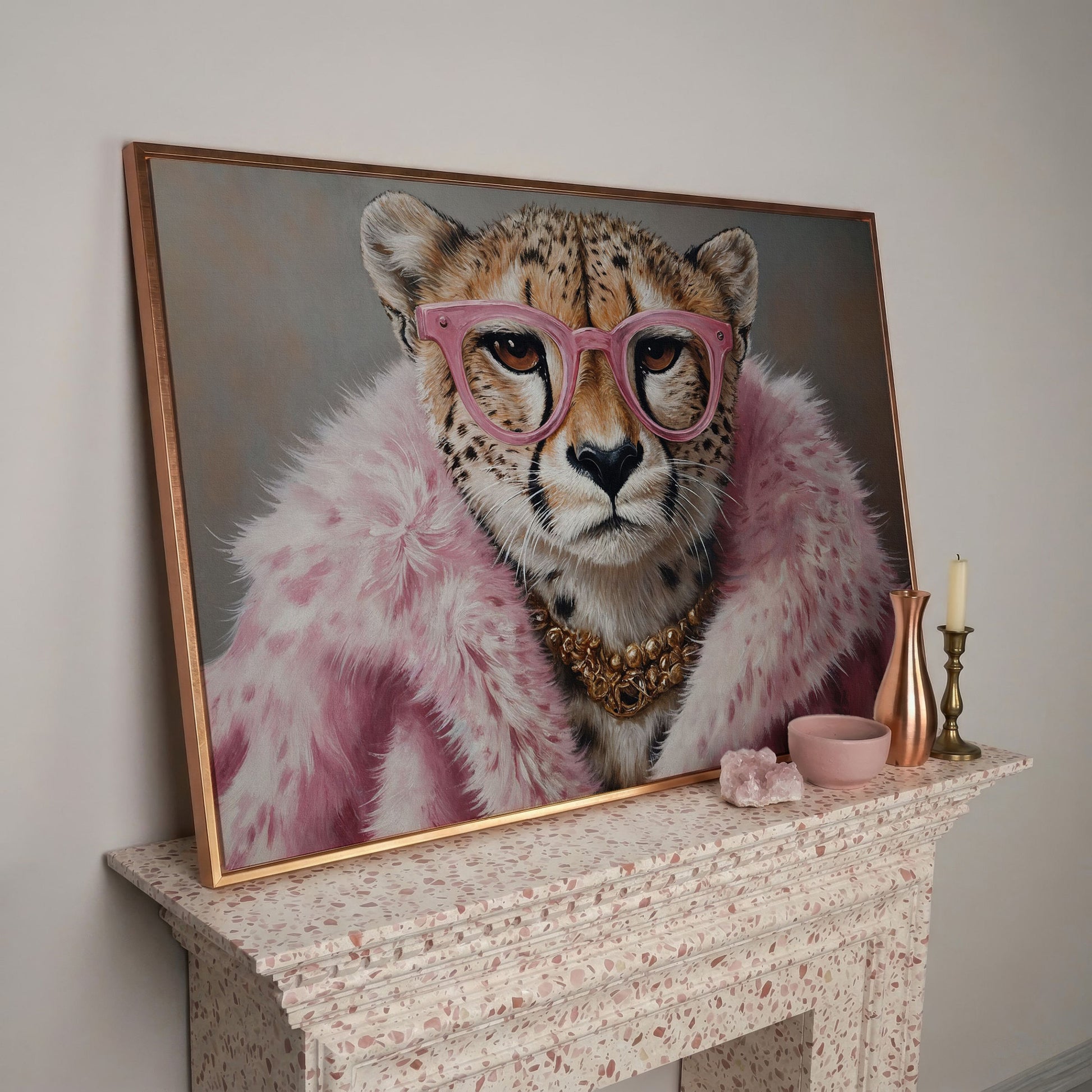 Cheetah in Pink Fur with Gold Necklace Canvas Print in rose gold floating frame