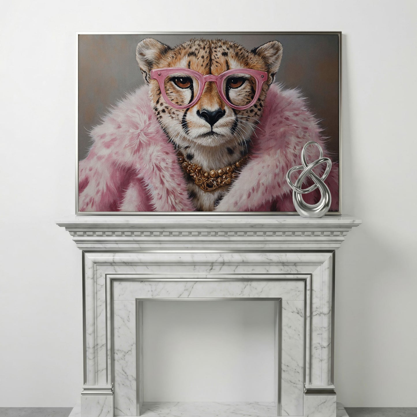Cheetah in Pink Fur with Gold Necklace Canvas Print in silver floating frame