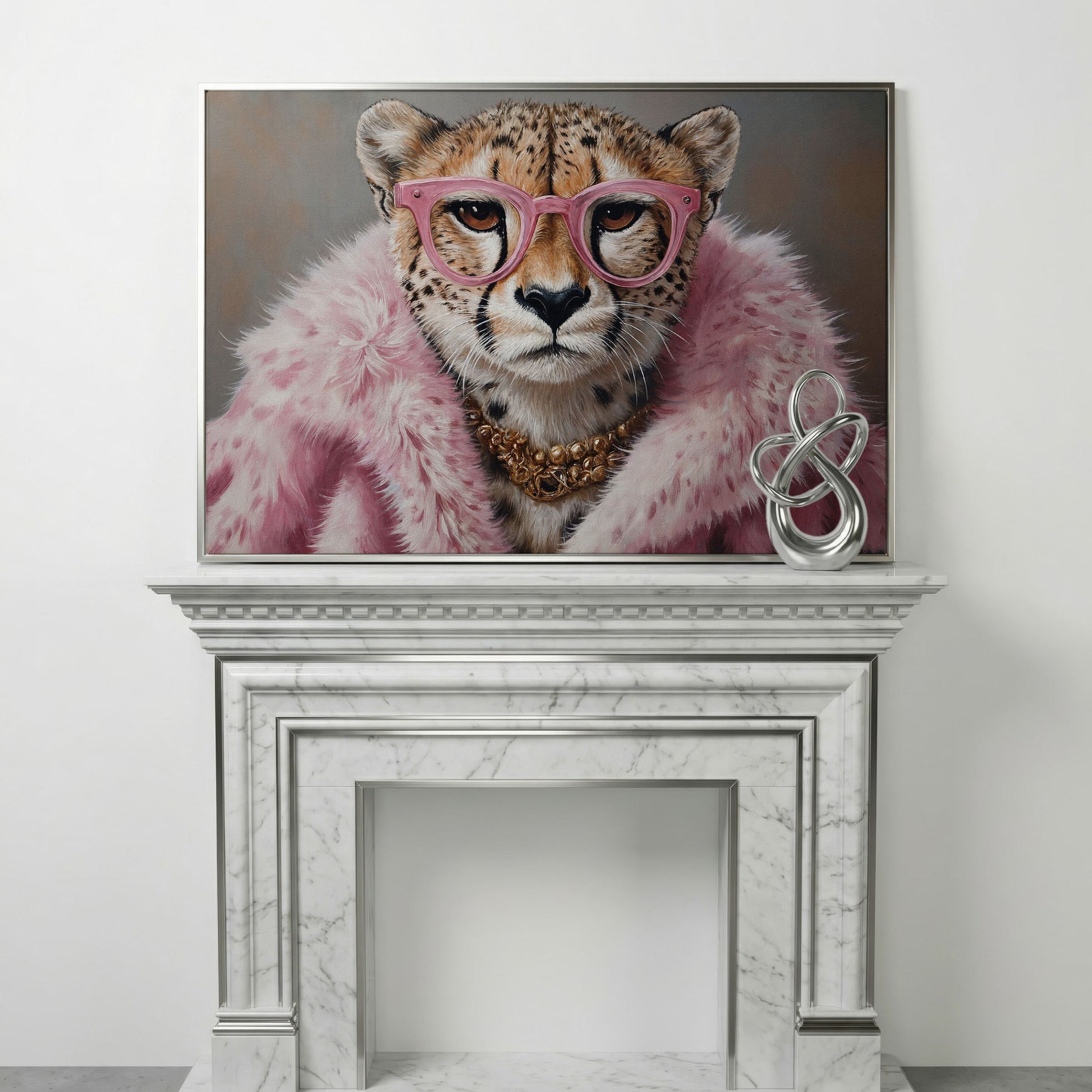 Cheetah in Pink Fur with Gold Necklace Canvas Print in silver floating frame