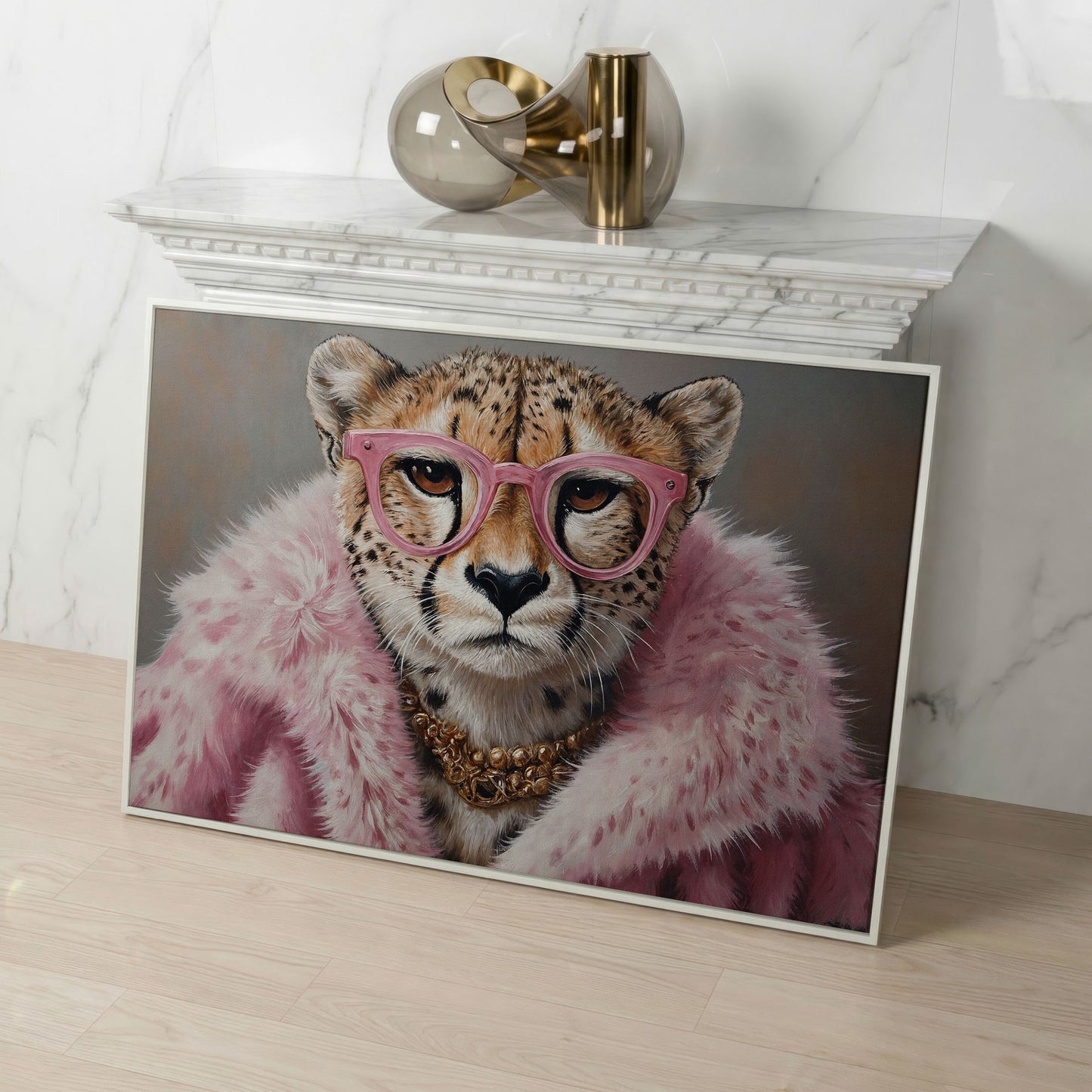 Cheetah in Pink Fur with Gold Necklace Canvas Print in white floating frame