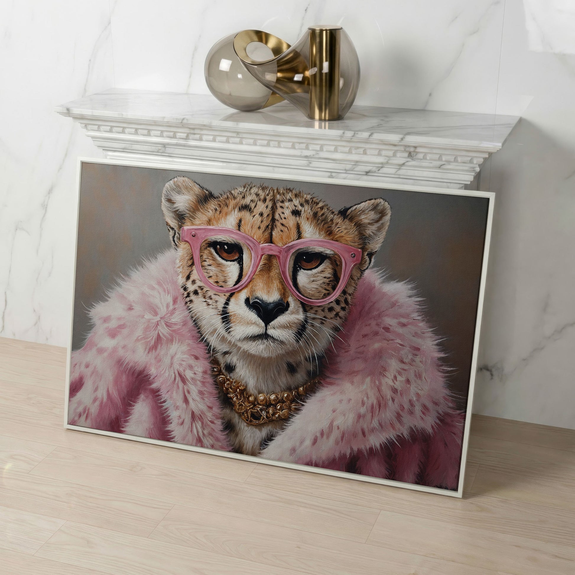 Cheetah in Pink Fur with Gold Necklace Canvas Print in white floating frame
