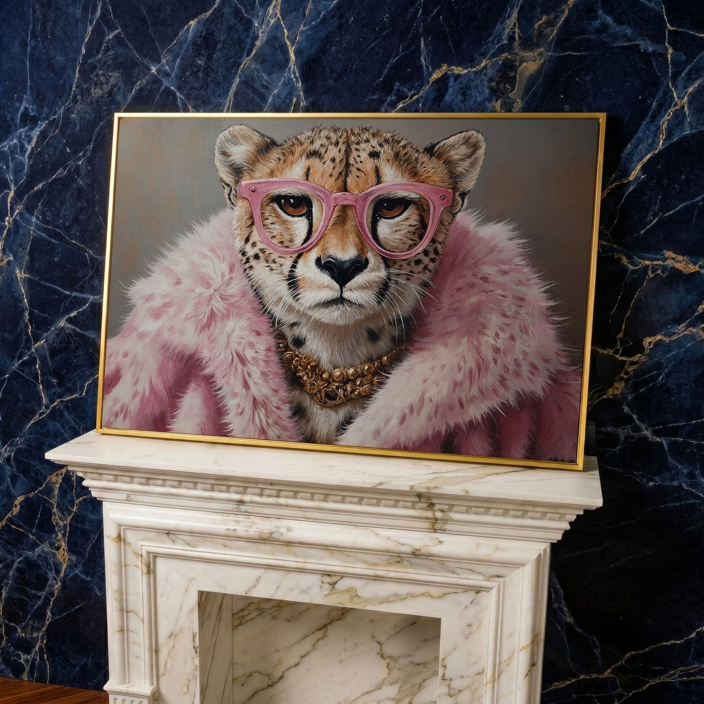 Cheetah in Pink Fur with Gold Necklace Canvas Print in yellow gold floating frame