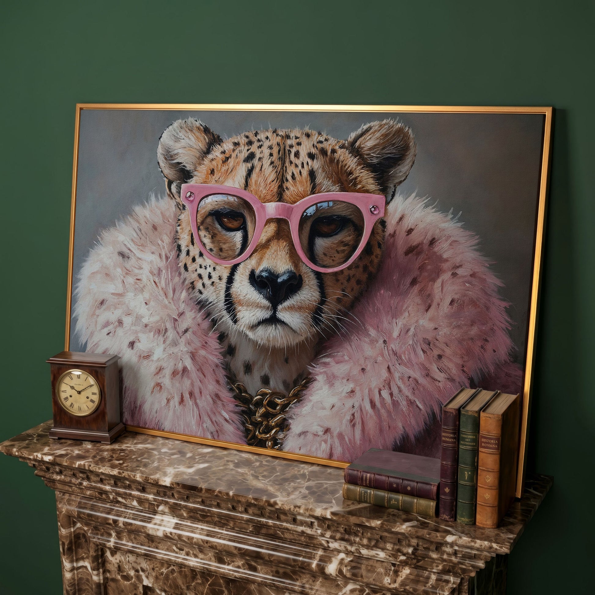 Quirky Cheetah with Pink Glasses Canvas Art in antique gold floating frame
