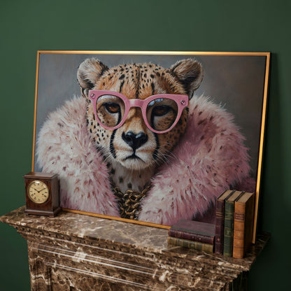 Quirky Cheetah with Pink Glasses Canvas Art in antique gold floating frame