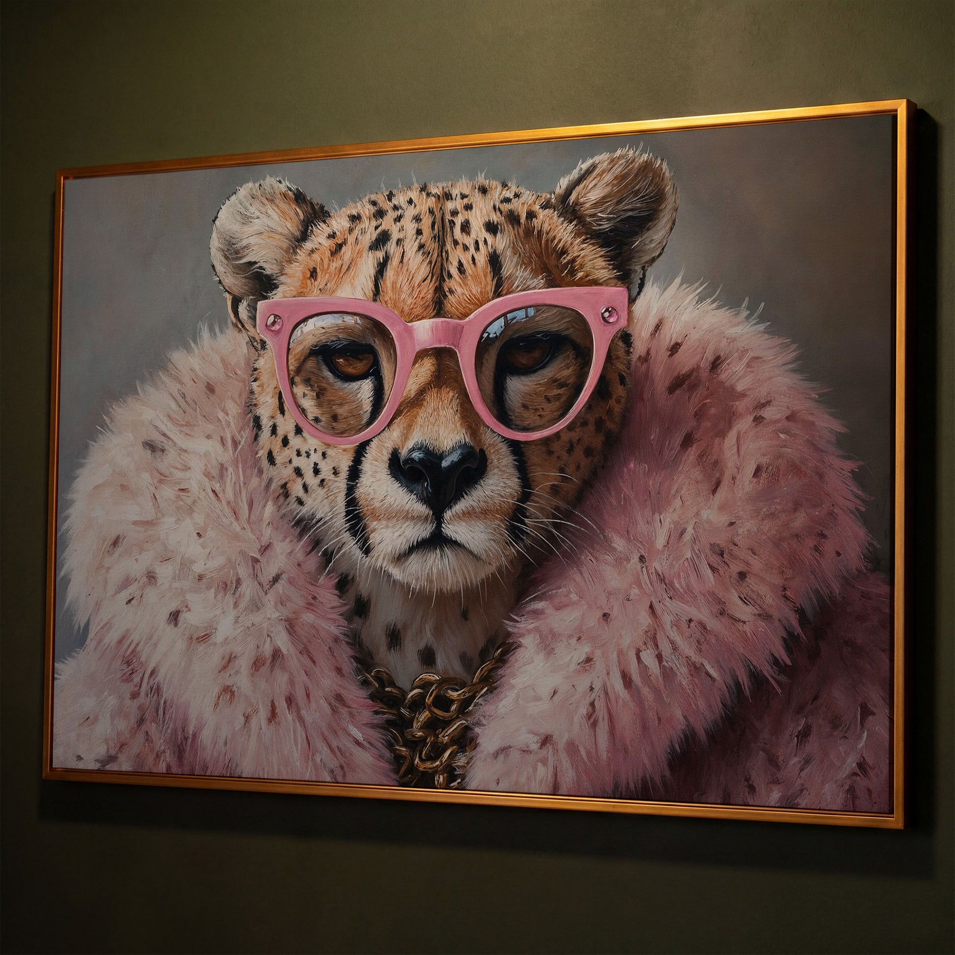 Quirky Cheetah with Pink Glasses Canvas Art shown in antique gold floating frame