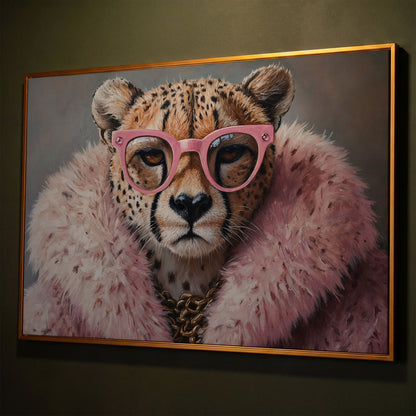 Quirky Cheetah with Pink Glasses Canvas Art shown in antique gold floating frame