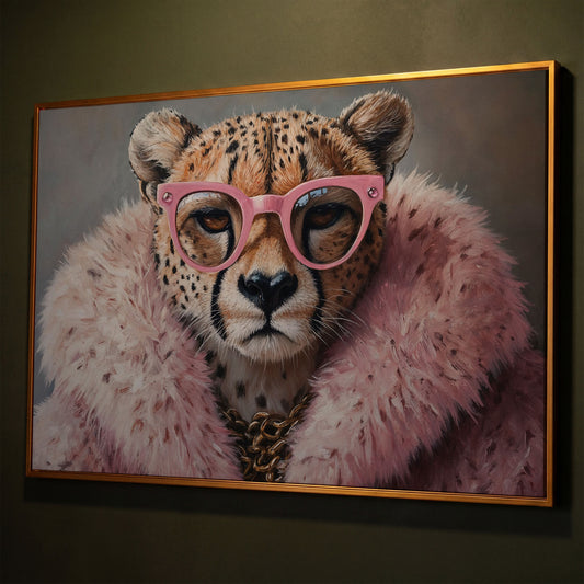 Quirky Cheetah with Pink Glasses Canvas Art shown in antique gold floating frame