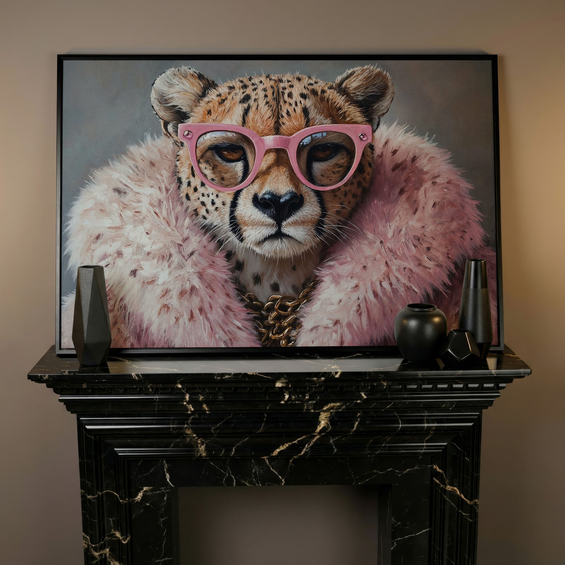Quirky Cheetah with Pink Glasses Canvas Art in black floating frame