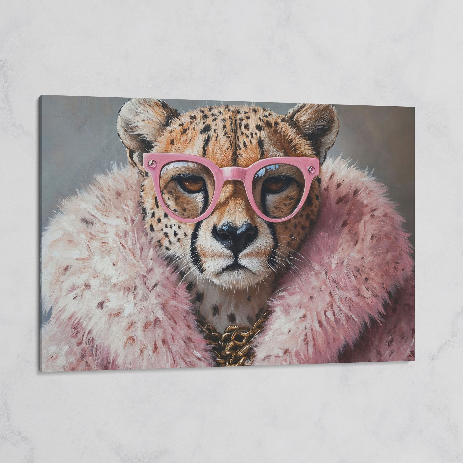 Quirky Cheetah with Pink Glasses Canvas Art on gallery wrap