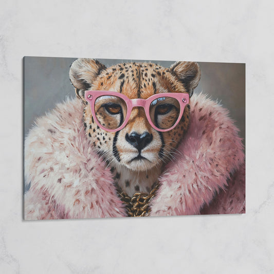 Quirky Cheetah with Pink Glasses Canvas Art on gallery wrap