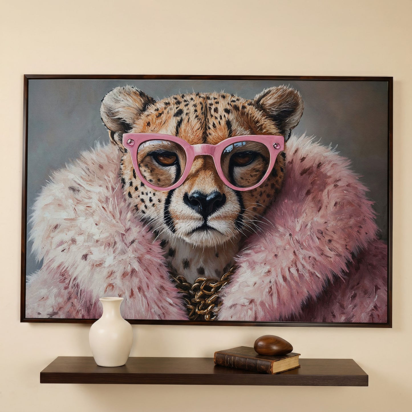 Quirky Cheetah with Pink Glasses Canvas Art in dark walnut floating frame