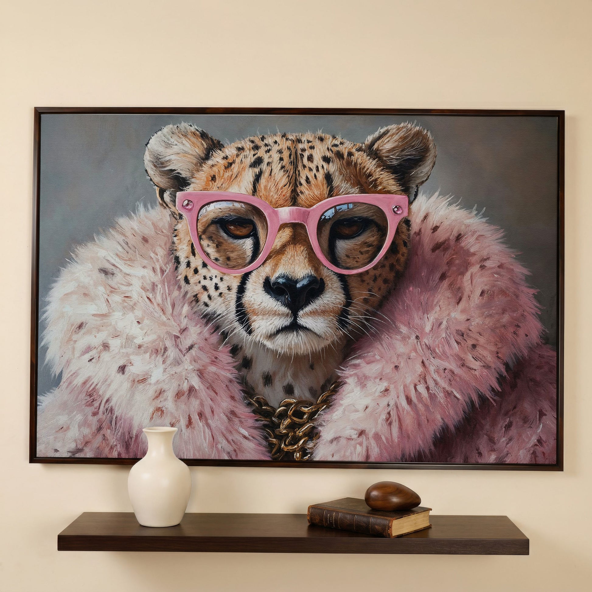 Quirky Cheetah with Pink Glasses Canvas Art in dark walnut floating frame