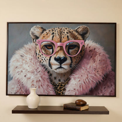 Quirky Cheetah with Pink Glasses Canvas Art in dark walnut floating frame