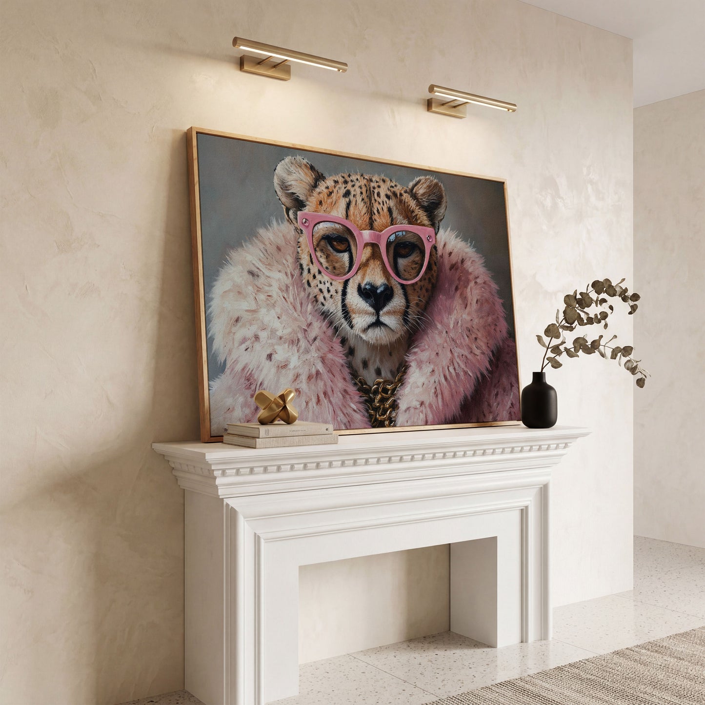 Quirky Cheetah with Pink Glasses Canvas Art in white oak floating frame