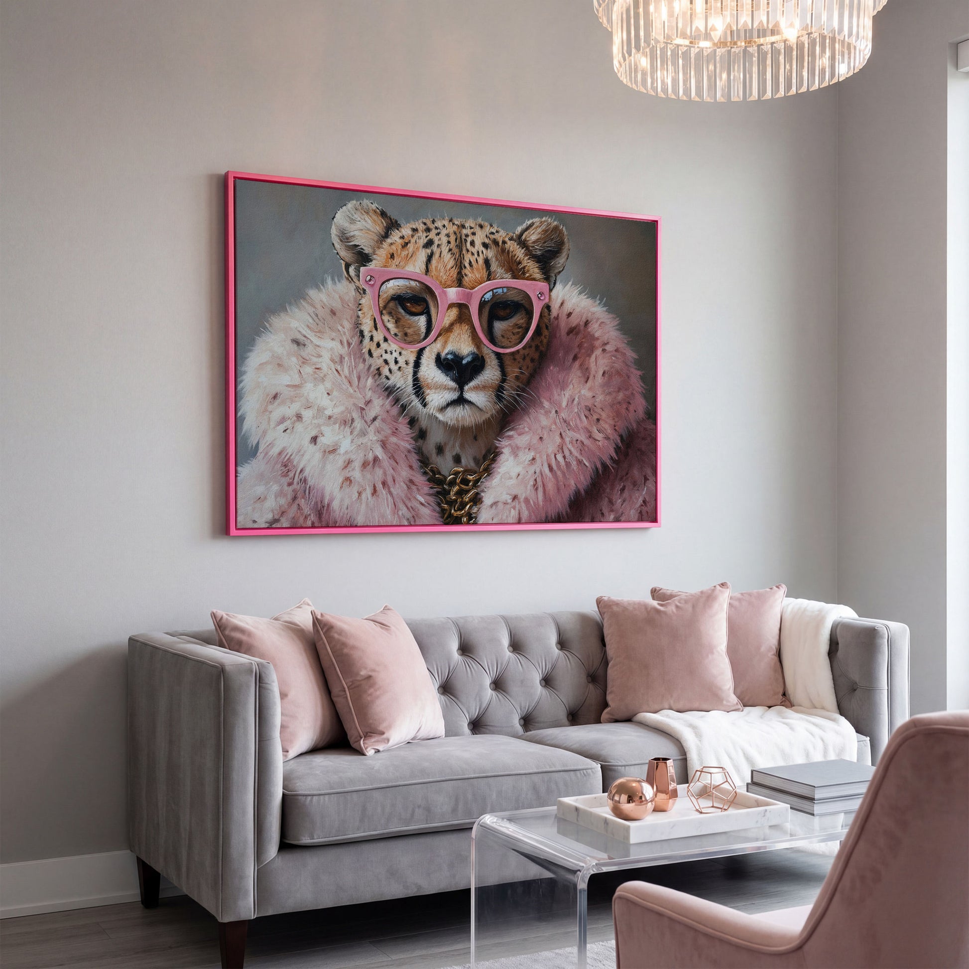 Quirky Cheetah with Pink Glasses Canvas Art in pink floating frame
