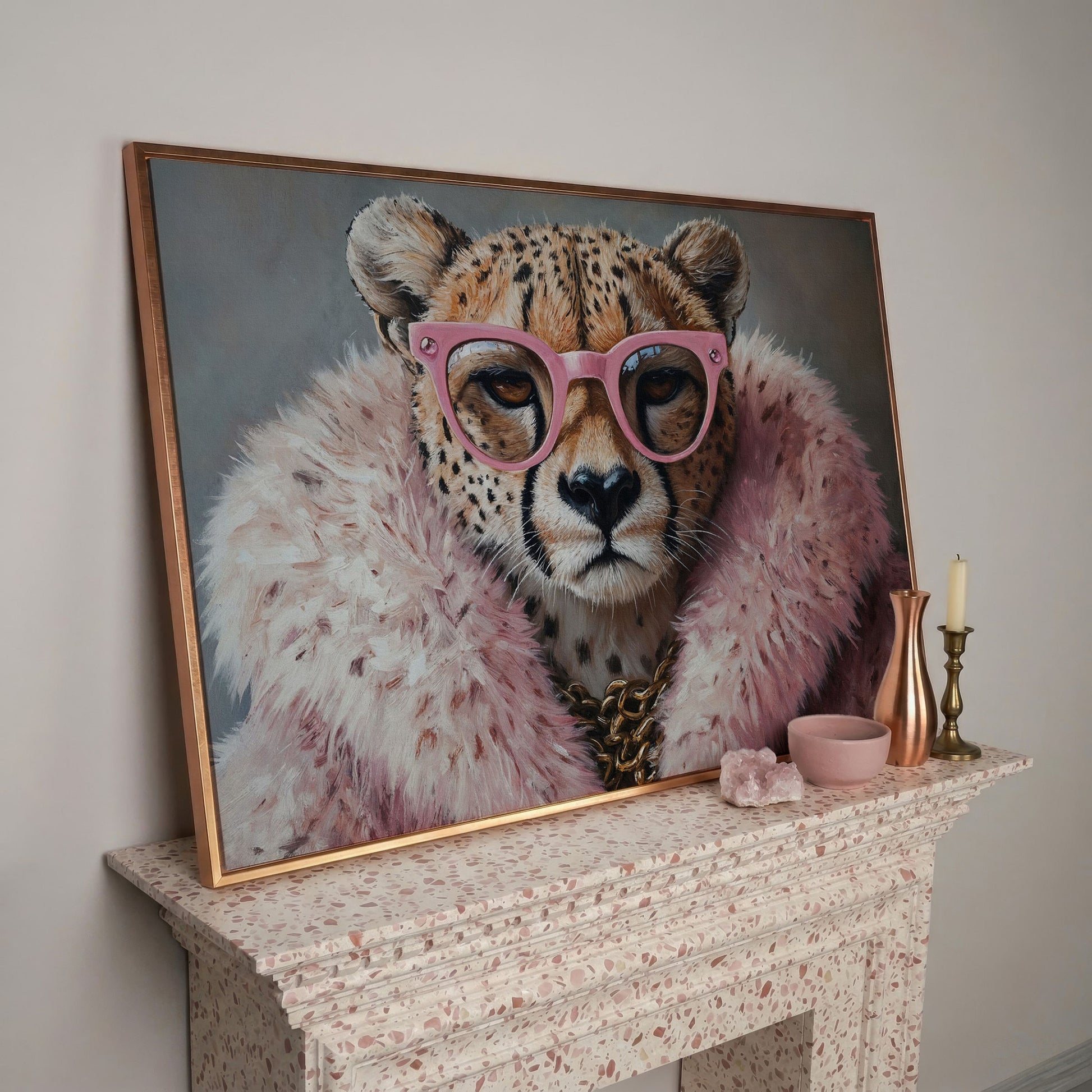 Quirky Cheetah with Pink Glasses Canvas Art in rose gold floating frame