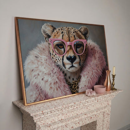Quirky Cheetah with Pink Glasses Canvas Art in rose gold floating frame