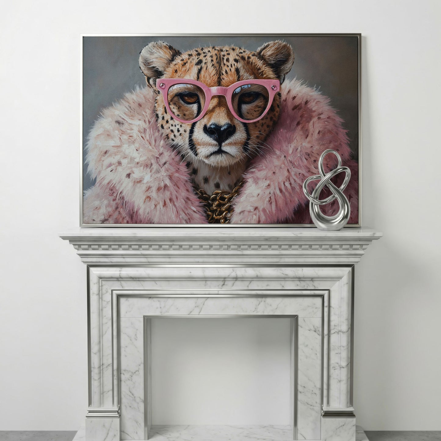 Quirky Cheetah with Pink Glasses Canvas Art in silver floating frame