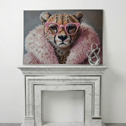 Quirky Cheetah with Pink Glasses Canvas Art in silver floating frame