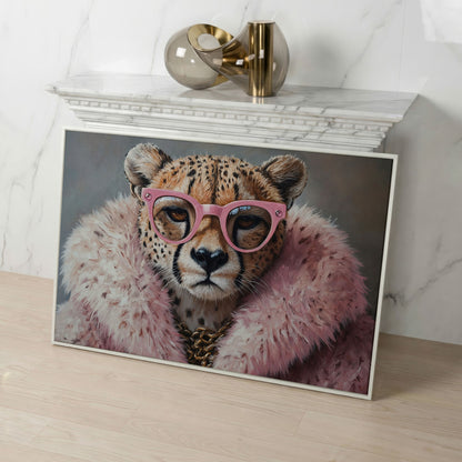Quirky Cheetah with Pink Glasses Canvas Art in white floating frame