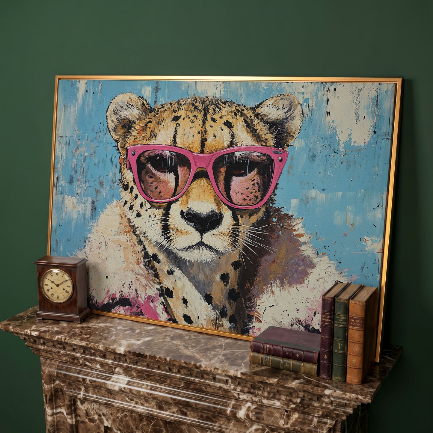 Cheetah with Pink Sunglasses Canvas Wall Art in antique gold floating frame