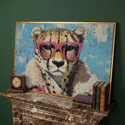 Cheetah with Pink Sunglasses Canvas Wall Art in antique gold floating frame