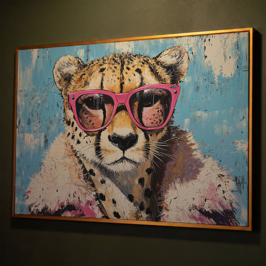 Cheetah with Pink Sunglasses Canvas Wall Art shown in antique gold floating frame