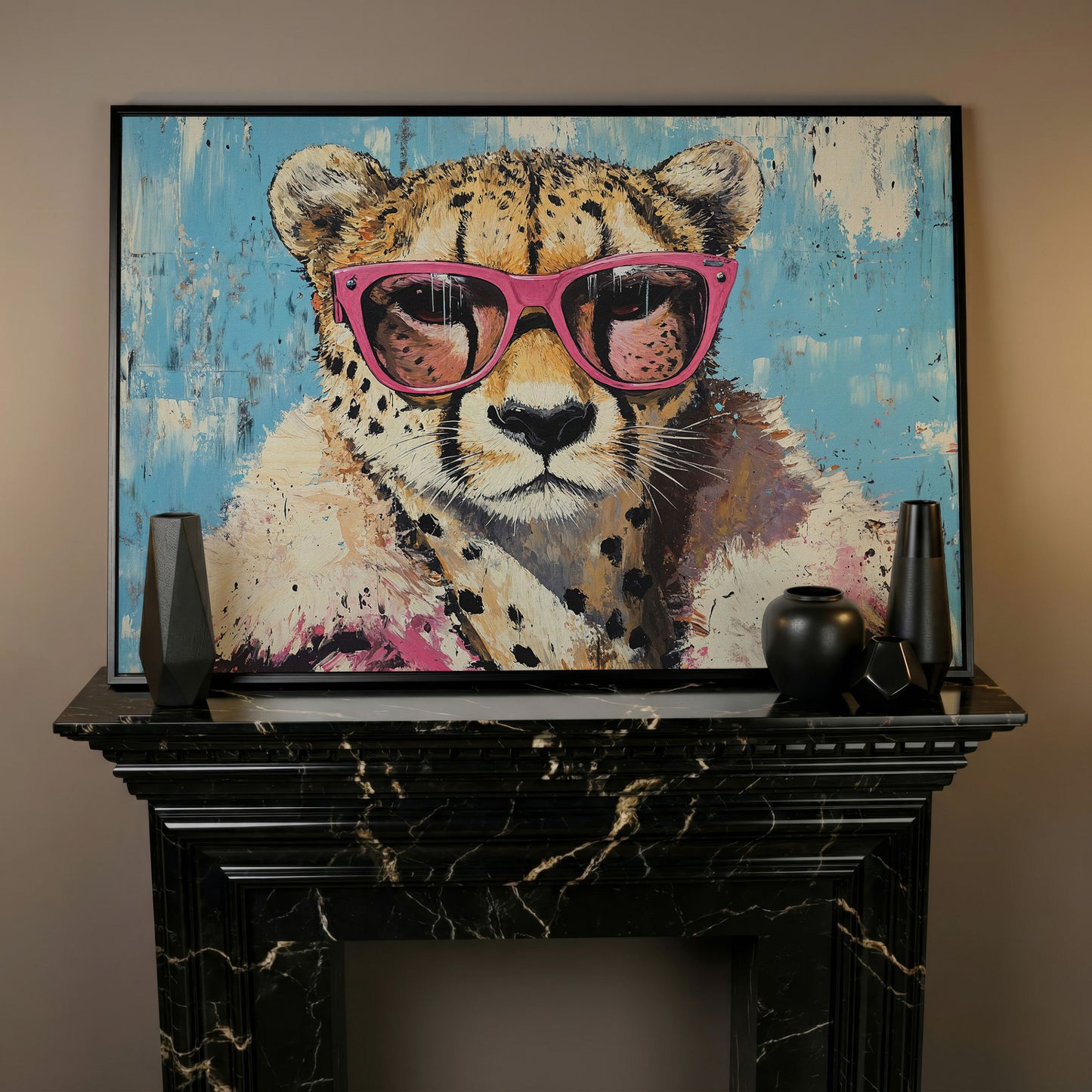 Cheetah with Pink Sunglasses Canvas Wall Art in black floating frame