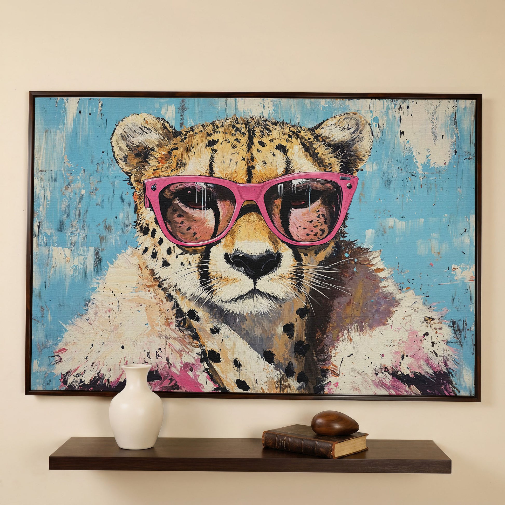 Cheetah with Pink Sunglasses Canvas Wall Art in dark walnut floating frame