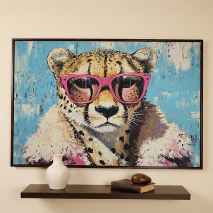 Cheetah with Pink Sunglasses Canvas Wall Art in dark walnut floating frame