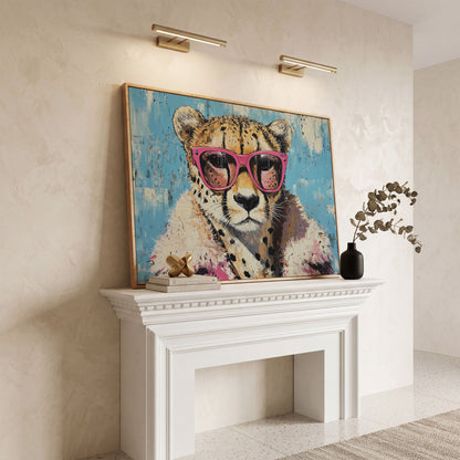 Cheetah with Pink Sunglasses Canvas Wall Art in white oak floating frame