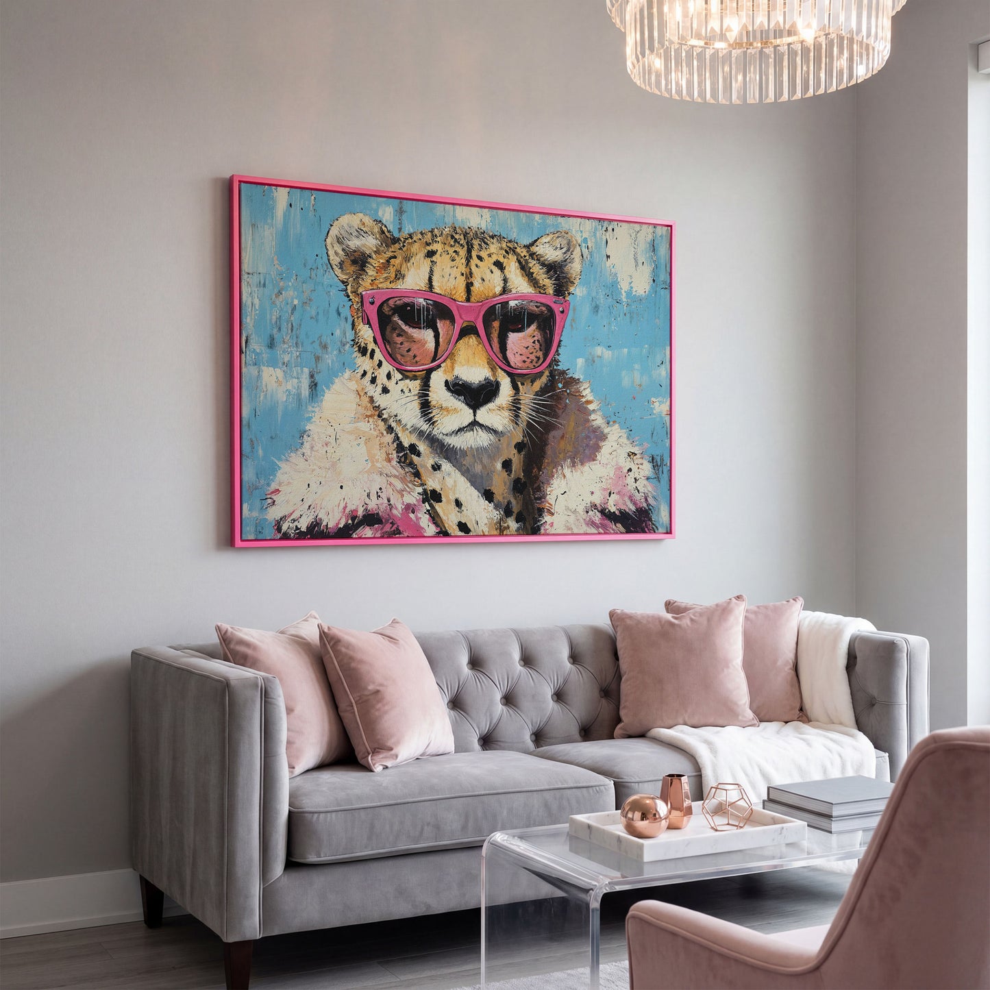 Cheetah with Pink Sunglasses Canvas Wall Art in pink floating frame
